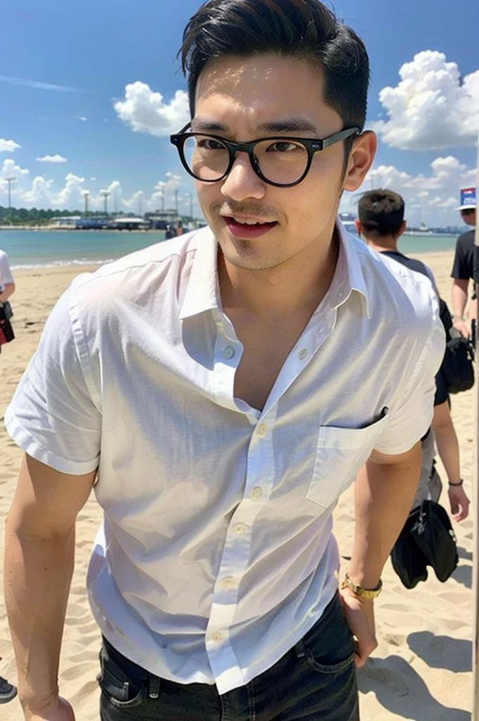 A young Asian man with glasses and large muscles looks at the camera. In a white button-down shirt , seaside beach sunlight looking at the airport