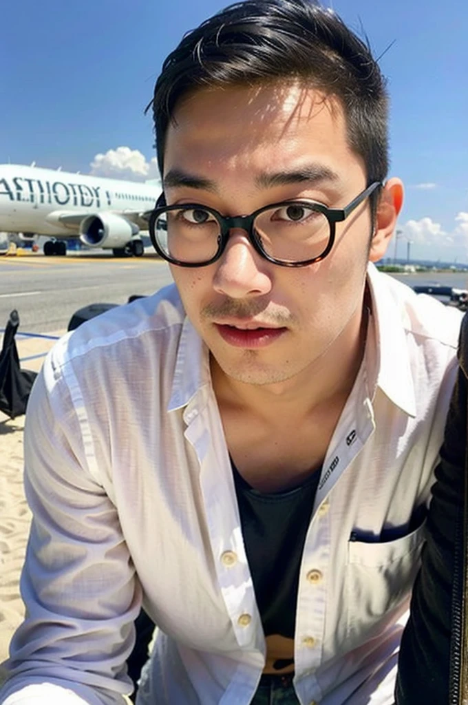 A young Asian man with glasses and large muscles looks at the camera. In a white button-down shirt , seaside beach sunlight looking at the airport