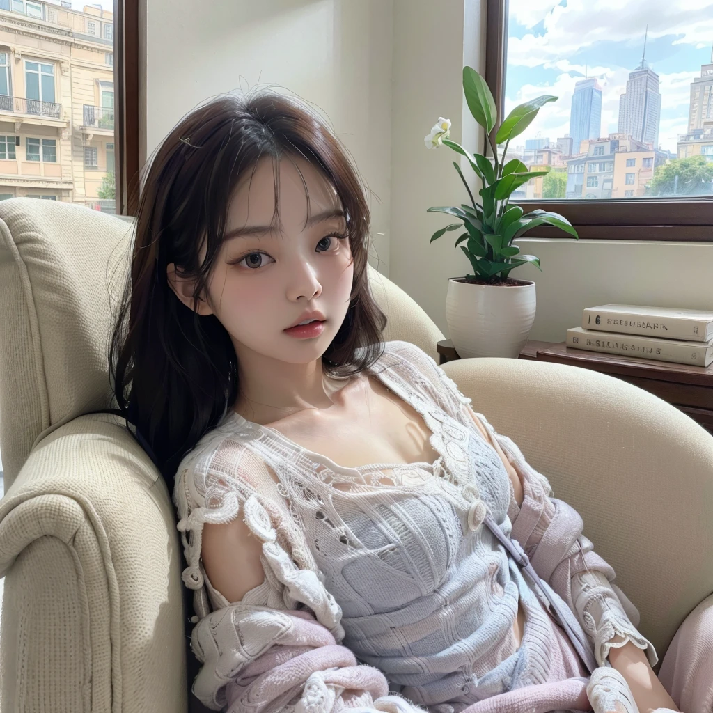 1 girl, korean girl, jennie kim, beautiful detailed eyes, beautiful detailed lips, extremely detailed face, longeyelashes, elegant, graceful, sitting on armchair, aesthetic living room, modern interior, large windows, natural lighting, soft pastel colors, warm tones, photorealistic, hyperrealistic, 8k, best quality, masterpiece, (realistic:1.37), (photorealistic:1.37), (ultra-detailed:1.2), (best quality:1.2), (8k:1.2), (high resolution:1.2)