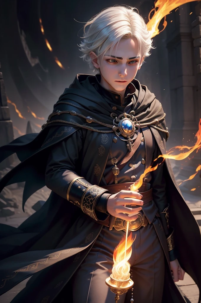An enchanting image of a boy casting a magic spell, has Five fingers, white hair floating in the air, with the magic circle visible while casting, facing towards the viewer, glowing with powerful aura of fire with read color color scheme, shows the magic caster eyes with etheral light, a mist in his background, with a beautiful scene in the background, cinematic lighting, dramatic lighting, super detailed, hyper detail, black cloak, royal prince, detailed magic circles