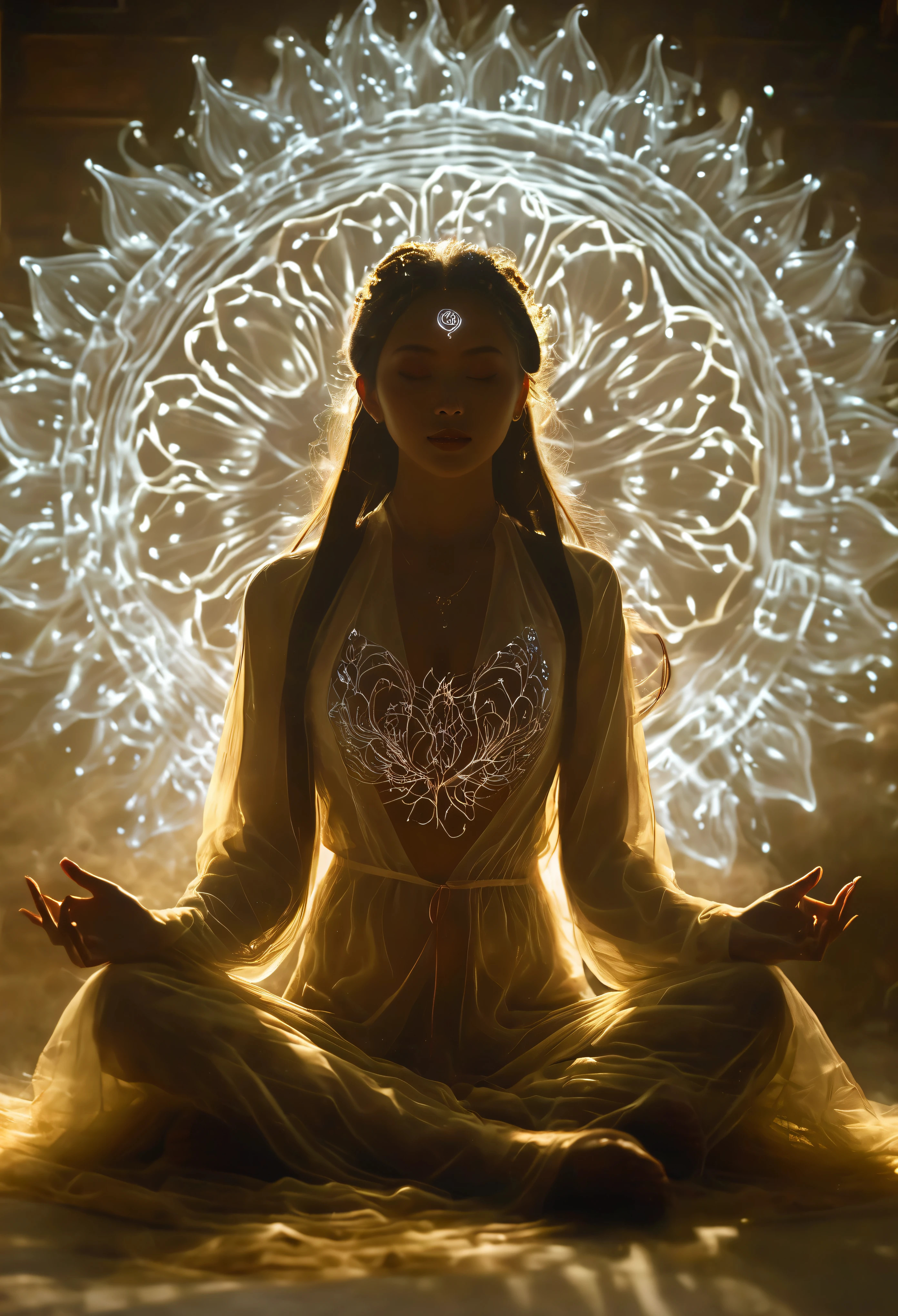 Full body photography of girl in lotus pose，Raw, Cinematic Lenses, (Clear focus:1.5), (Reality:1.4), Dusk lighting, Volumetric Lighting, Ultra-high resolution, 16K,Dramatic Lighting, White background：1.5）（tangled，Mandala，Tangle，Entanglement：0.7）Fox Demon，Fox Mask，Short coat, Foxfire Curse, fox family, Transformation, Depth of Field, Dreamy atmosphere, The most beautiful form of chaos, grace, Dark theme of Fauvist design, Flower of Death, Flowers of ecstasy，Glowing Line,Glow Example，Tracking Example，flash， Backlight，translucent，Light Particles,Xianxia