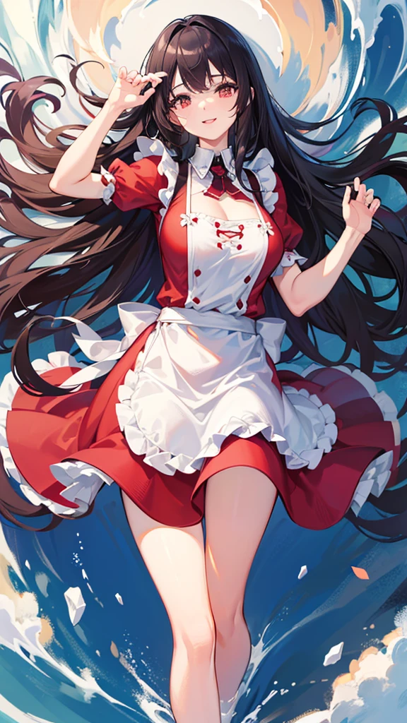 
Highest quality, shape, Very detailed, In detail, High resolution, 8k wallpaper, Perfect dynamic composition, Beautiful details, Center of chest, Natural color lip, Random sexy poses,smile,20-year-old girl,Huge , A woman with long wavy black hair wearing a red dress and a white frilly apron