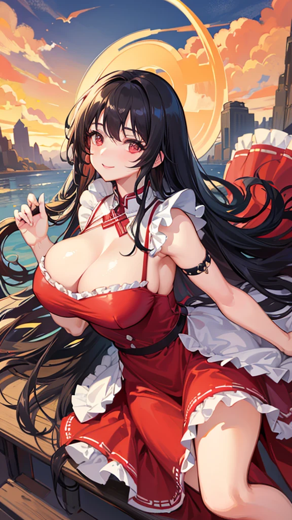 Highest quality, shape, Very detailed, In detail, High resolution, 8k wallpaper, Perfect dynamic composition, Beautiful details, Center of chest, Natural color lip, Random sexy poses,smile,20-year-old girl,Huge , A woman with long wavy black hair wearing a red dress and a white frilly apron