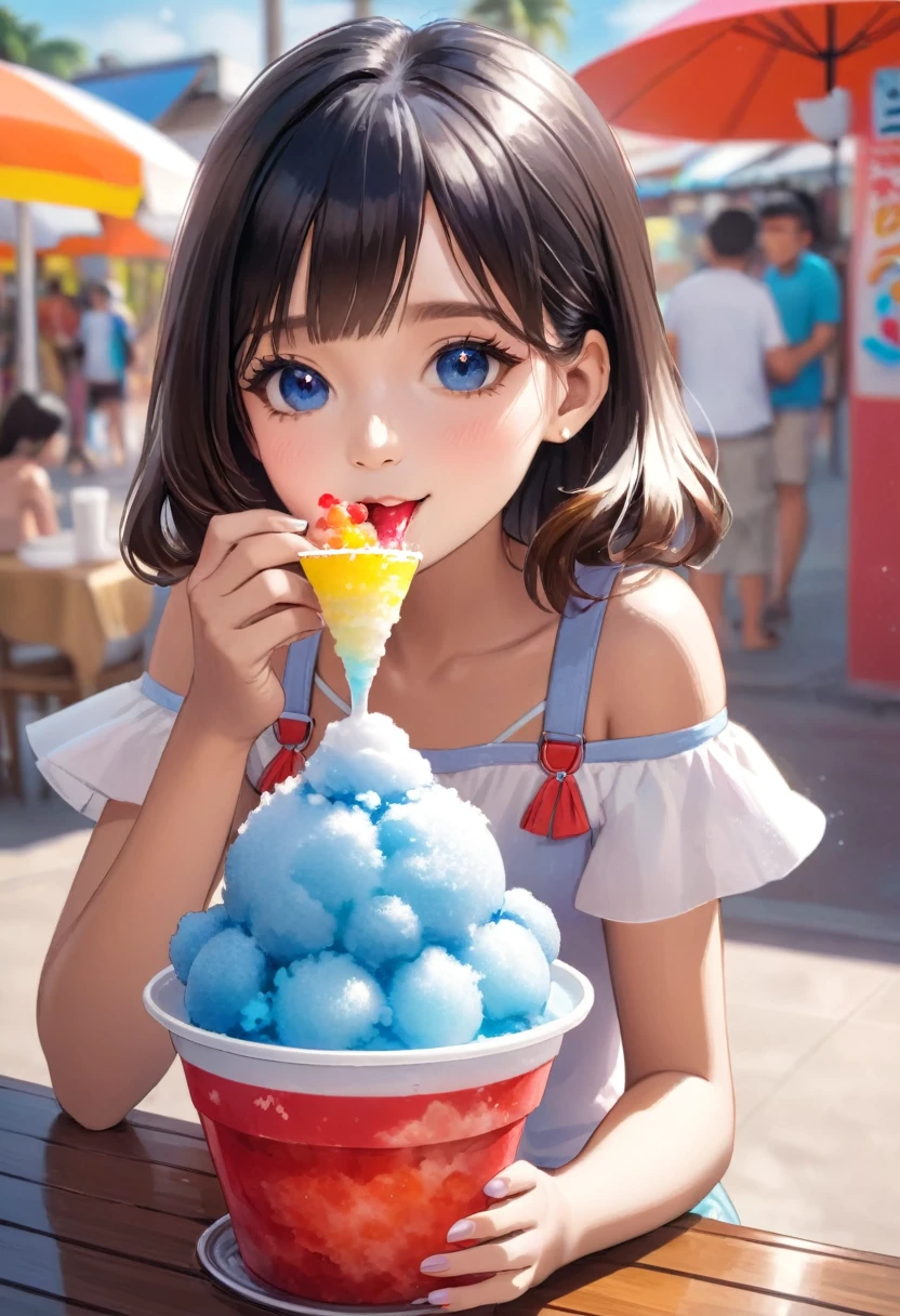 Beautiful girl eating shaved ice
