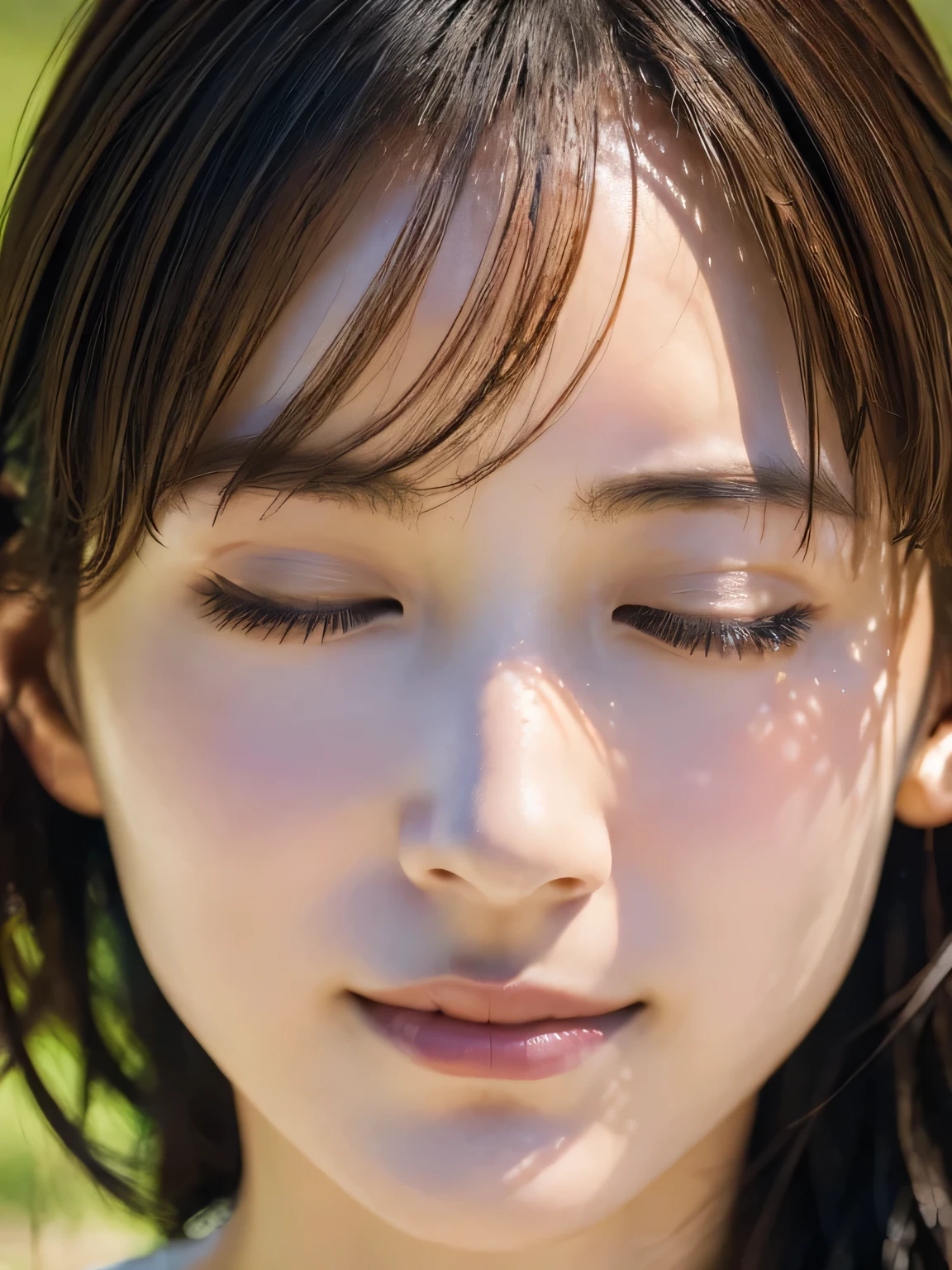 Top quality, 1 beautiful woman, Sunlight, ((masterpiece, Highest quality, High resolution)), (Close ~ eyes:1.3), (Look Up:1.3), be happy, 1 Japanese girl, (Realistic: 1.4), Great face, , Medium Hair, (Beautiful Hair:1.5), one piece, Meadow and blue sky, (Top view:1.3), (Close-up of face:1.2), Smooth, Highly detailed CG composite 8K wallpaper, High resolution RAW color photos, Professional photography, Light, BackLight, dream-like, impressive, Written boundary depth