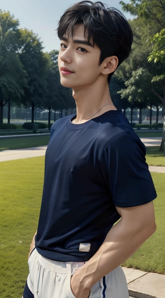 (As a matter of fact, Masterpiece, 8k HD, good light quality, sportswear, fit the face, complicated details), A handsome and muscular young Korean man., Have muscles, (Buzzcut short hair:1.5) ,(Broad shoulders:1.3), 20 years old, be happy, smile brightly, detailed face, delicate eyes, มองดูsky, (Wear a navy tight T-shirt.:1.6), period, black eyes, Black hair color, ผมsmooth, smooth, outdoor sports, Along the garden, Sunny,sky,