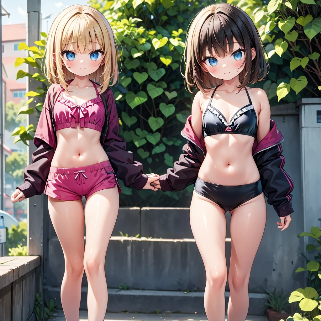 2 girls both are extremely young and are extremely skinny, in a tiny bikini and they look abt s old. One of the girls have on a tight shorts and a bra while the other one is in a tight bikini making their butt stand out They are both walking while holding their breast, the girl with the shorts on has a whole in her vagina part of her shorts. They have a 3rd sister and she is 10 and wearing all tight clothes
