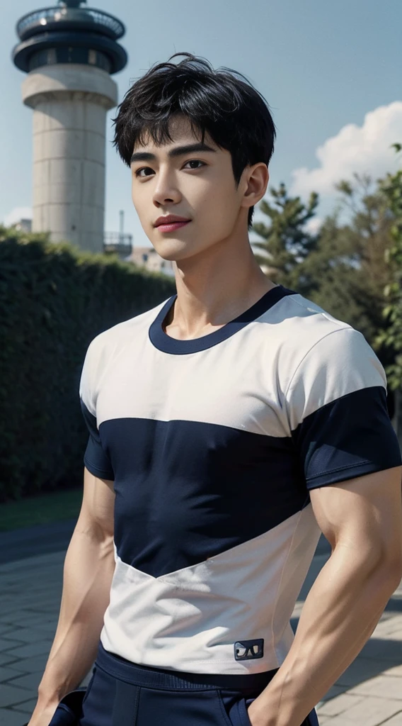 (As a matter of fact, Masterpiece, 8k HD, good light quality, sportswear, fit the face, complicated details), A handsome and muscular young Korean man., Have muscles, (Buzzcut short hair:1.5) ,(Broad shoulders:1.3), 20 years old, be happy, smile brightly, detailed face, delicate eyes, มองดูsky, (Wear a navy tight T-shirt.:1.6), period, black eyes, Black hair color, ผมsmooth, smooth, outdoor sports, Along the garden, Sunny,sky,