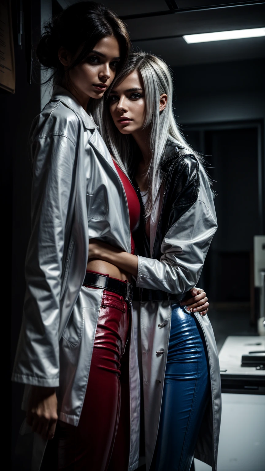 Seductive and confident look. Distant image. Labcoat. Long legs. Twi Slim age european girls. Lesbian kissing. Shiny Red leather trousers, sneakers, blue tshirt. Vintage science laboratory. White hair, sidecut. Piercing. backlit, smirk, belt, backlit, perfect sultry make-up, cinematic, realistic, high contrast, visually rich,piercing eyes, strong eyeliner, mesmerizing eyes, elegant, graceful, natural beauty, charismatic, versatile, photogenic, very detailed