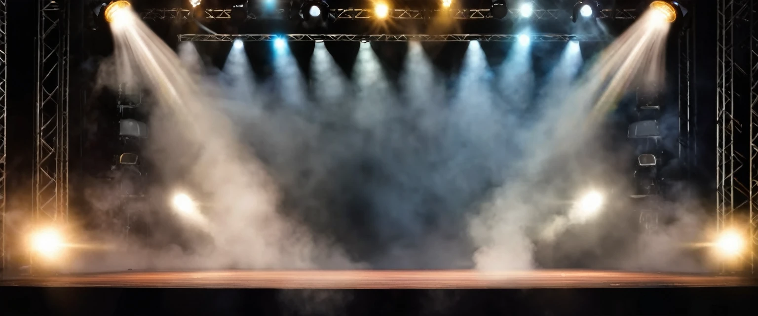 Empty stage with spotlights and smoke banner background with copy space