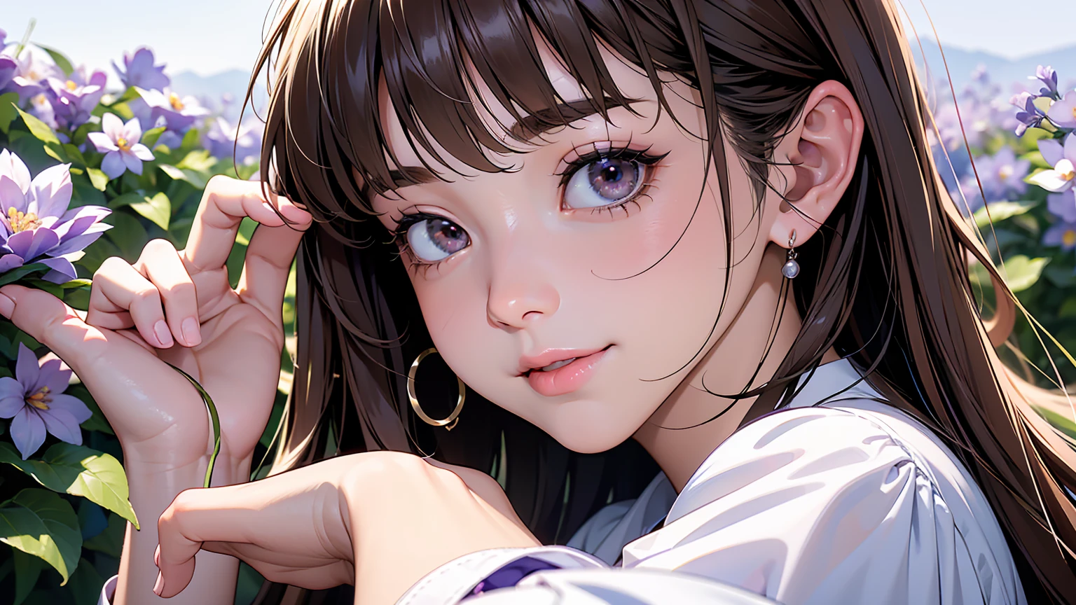 masterpiece、high resolution 8k、NSFW、sharp focus、contrast lighting、fine skin、muste piece、 highest quality、Ultra - High resolution、Super high resolution、Highly detailed CG、woman is laying down in a field of purple flowers、woman is wearing a pair of blue headphones. She is smiling and seems to be enjoying a pleasant moment of relaxation.、beautiful eyes、(Detailed face and iace:1 2)、narrow eyes、almond eye、Black pupil、eye gradation eye highlight:1.2)、(light reddish brown hair、middle、asymmetrical bangs)、(ID card、Blazer for office wear shortage、white cutter shirt、black pencil skirt、pumps)、(plump lips、gross、glossy lips、small breast size) 、(oval face : 1.4)、(thin fingers、fine arms、detailed human hand)、laughter half open、teeth visibl
