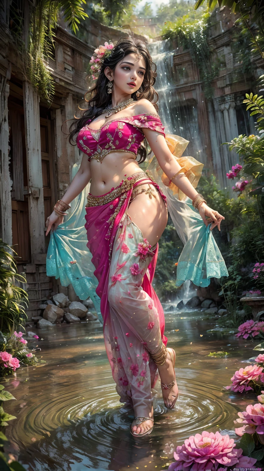 portrait,(NSFW 0.75) boy,woman, ((princess pose)) ,very very big breast, soft nylon sexy saree , orange , pink ,teal,red, yellow colour ,flower design modern light wedding saree, colorful, flower armor, good anatomy, best quality, (((masterpiece))), high quality, realist, best detailed, details, realist skin, skin detailed, underboobs, beautiful posing under a fairy tale of exotic magic,lehenga choli, girl immersed in water , soaked saree, meadows background , bokeh effect , chubby , nipple slip , put milk in breast,off shoulder, strapless blouse, different saree wearing style,(multi chain jewellery blouse),(wearing jewellery on blouse)(buttocks and looking back)