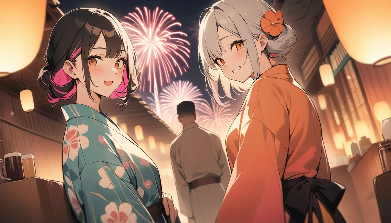 Cafe、Lovers of men and women、seems to be happy,smile、Fireworks display、 Multicolored Hair, 、Retro costumes, yukata, Glancing sideways, Hyper Pop, stylish、 Retro feel, overview, masterpiece, Highest quality,
