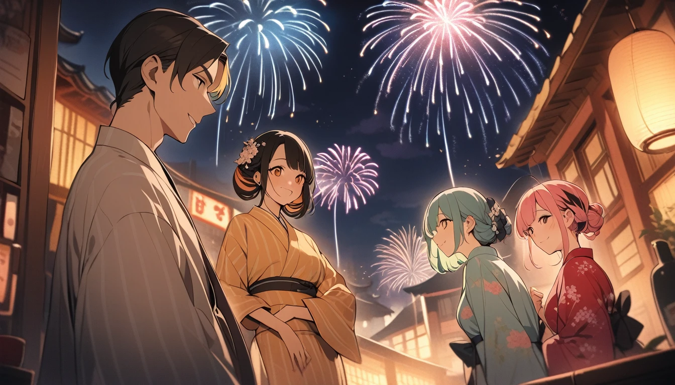 Cafe、Lovers of men and women、seems to be happy,smile、Fireworks display、 Multicolored Hair, 、Retro costumes, yukata, Glancing sideways, Hyper Pop, stylish、 Retro feel, overview, masterpiece, Highest quality,