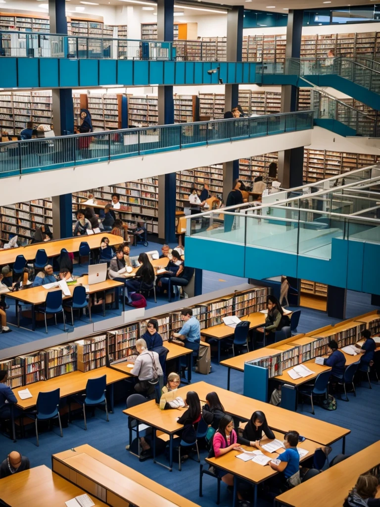 Group of diverse students in a library 