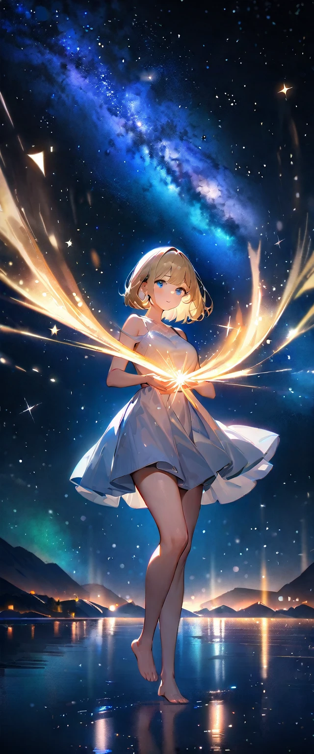 (blonde、girl、short hair、young、、young girl、small breasts、small breasts、smile)(transparent costume、shiny material、Transparent hero suit、Her chest is transparent、Transparent material that allows skin to be seen、thin fabric)NSFW
