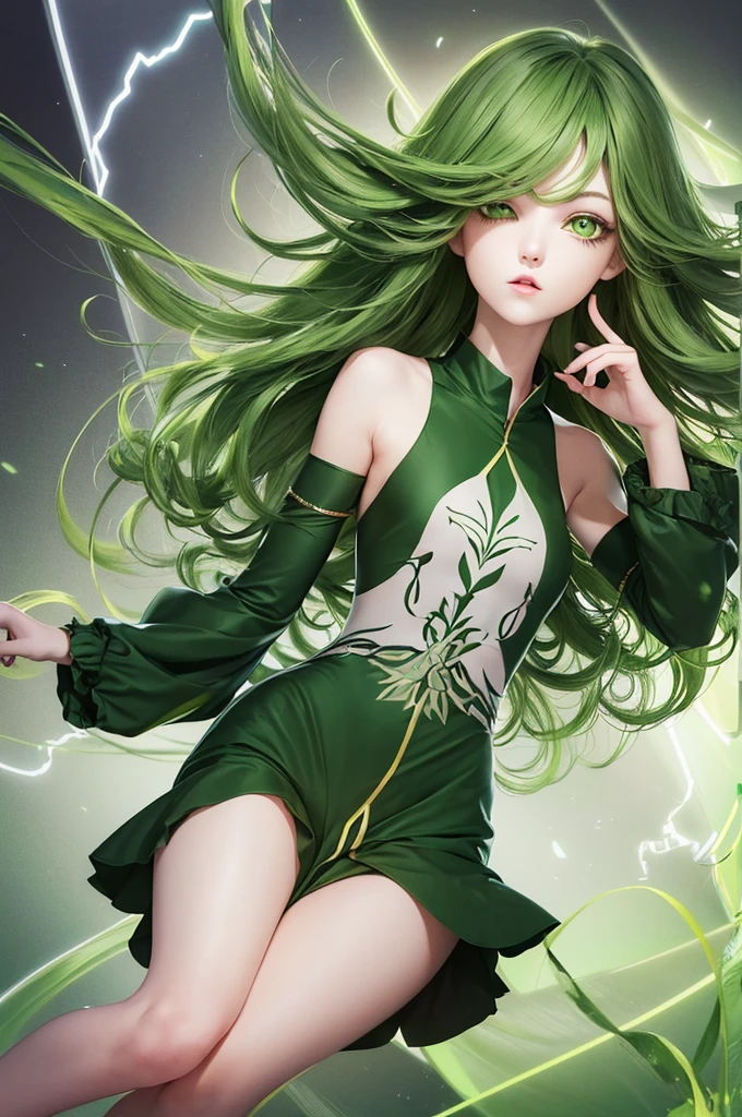 High quality, ultra high quality, 4K quality, (perfect anatomy), infrared camera footage, dark green clothes, clothes that show the body line, mid-length hair, hair ends that flip out, girl, tatsumaki, short hair, curly hair, green hair, (green eyes:1.5),
long sleeves, dress,no underwear