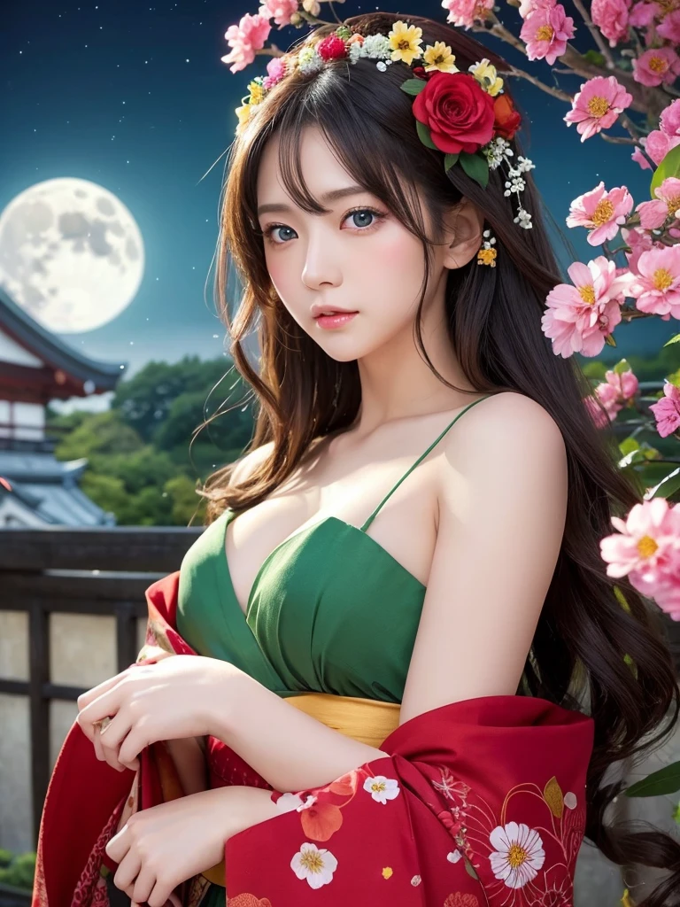 1 female、masterpiece、Detailed body、Detailed facial expressions、Beautiful Face,Lots of flowers,Falling flowers、Fascinating、Sex Appeal、Japanese style、(Big red full moon)、Blue-green eyes
