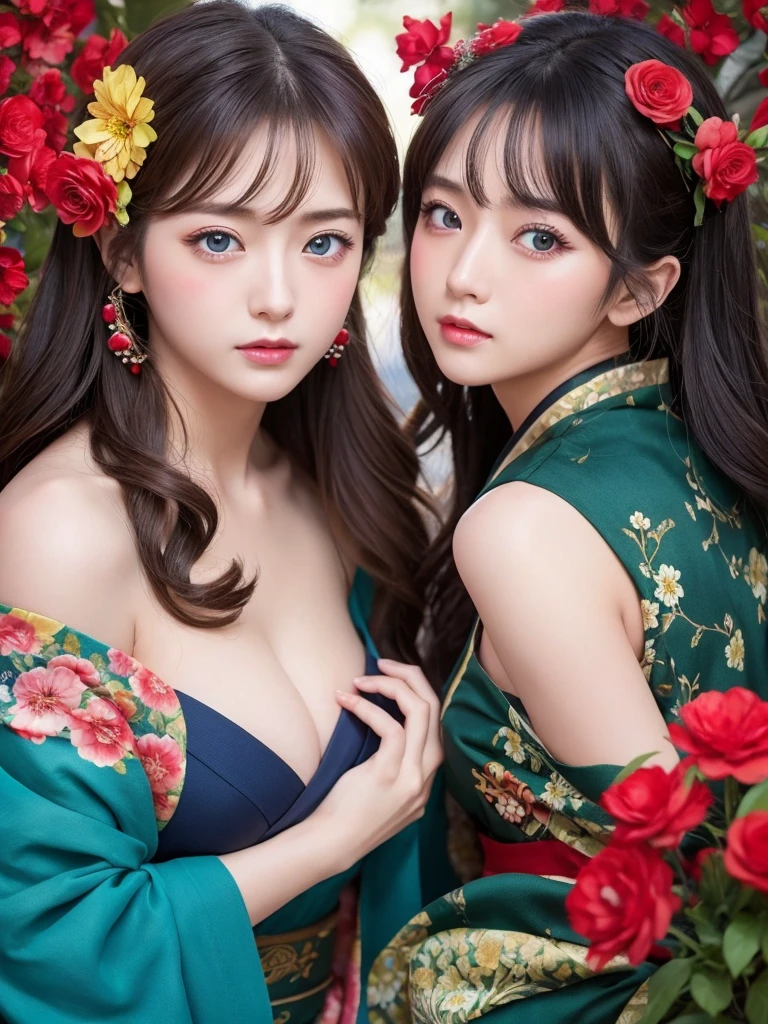 1 female、masterpiece、Detailed body、Detailed facial expressions、Beautiful Face,Lots of flowers,Falling flowers、Fascinating、Sex Appeal、Japanese style、(Big red full moon)、Blue-green eyes