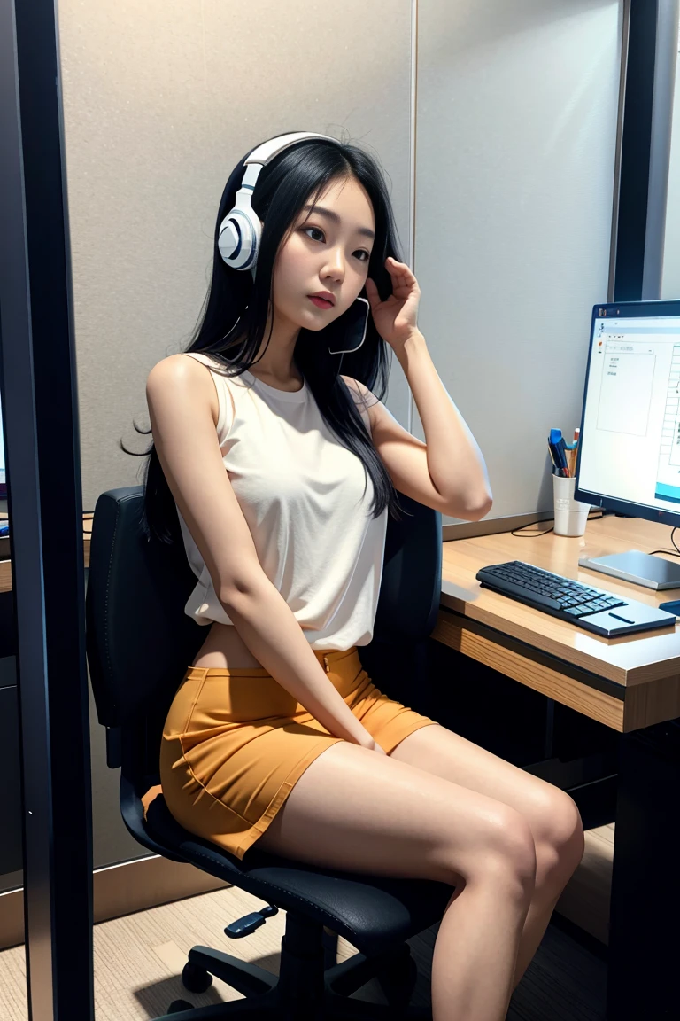 wearing a causal outfit:1.2, Looking at Viewer, half body view, Cinematic lighting, Perfect, softlight, High resolution skin:1.2, Realistic skin texture, 24 years old Asian woman、a small face、no-makeup, long black hair, sitting at a work cubicle with head set on talking to customers
