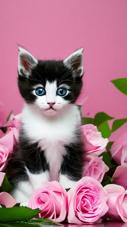 A beautiful kitten holds a bouquet of pink roses white milota on a pink background with sequins