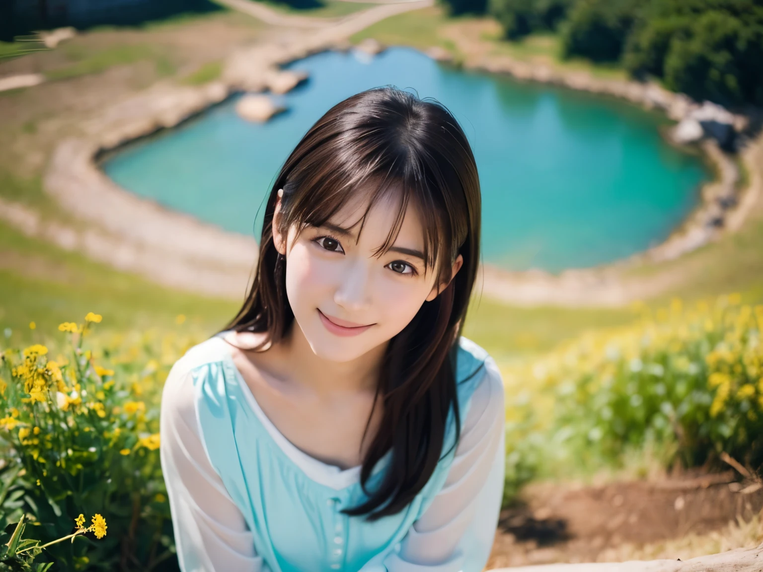 ((top-quality,8K,​masterpiece,Photorealsitic))，Cute Japan college girl，A smile that makes you want to hug，white slim dress，Illustration,Fun atmosphere,Best Quality,Vibrant colors,,Cozy,romantic,Cheerful,breathtaking scenery,Warmth,Happiness,Magical,Holiday spirit,pure love and kindness.、off shoulders、Keep your hair up and short、a baby face