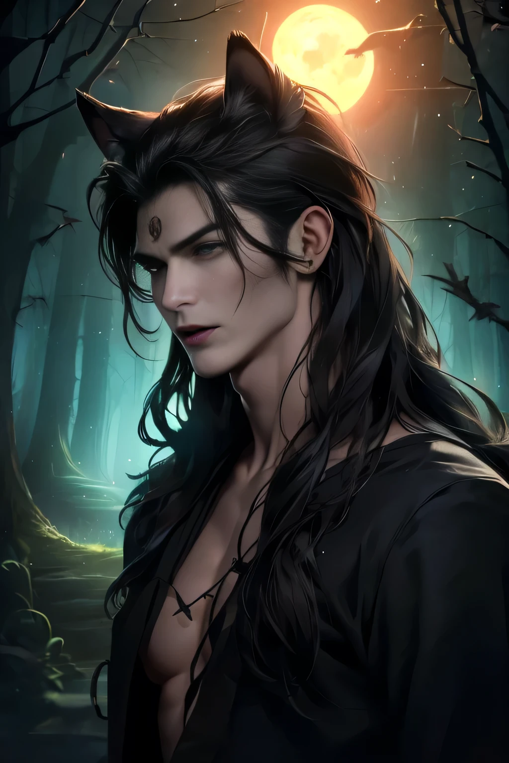 ((Best quality)), ((masterpiece)), 8k (detailed), ((perfect face)) ((halfbody)), perfect proporcions, he is a handsome man, he is 18 years old, he has dark skin, he has wolf ears on his head, wild black hair on his head, long hair, bare chest, pointed ears, dark skin, forest in the distance, night sky (perfect face)) ((vampire ambience))