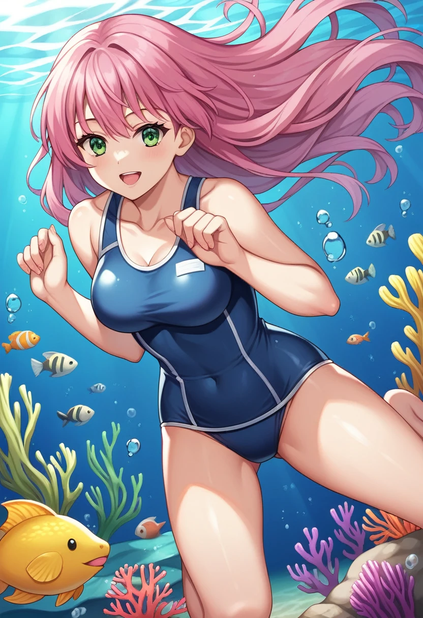 White and blue school swimsuit, One Girl,, View your audience, alone, With their own hands, (masterpiece:1.4), (Highest quality:1.4), Realistic, One Girl, Front view, strict, mitsuri(Demon slayer), bangs, ,Green Hair, Gradient Hair,  Multicolored Hair, Underwater background, Green Eyes, Twin Blade,  Pink Hair, Coral
