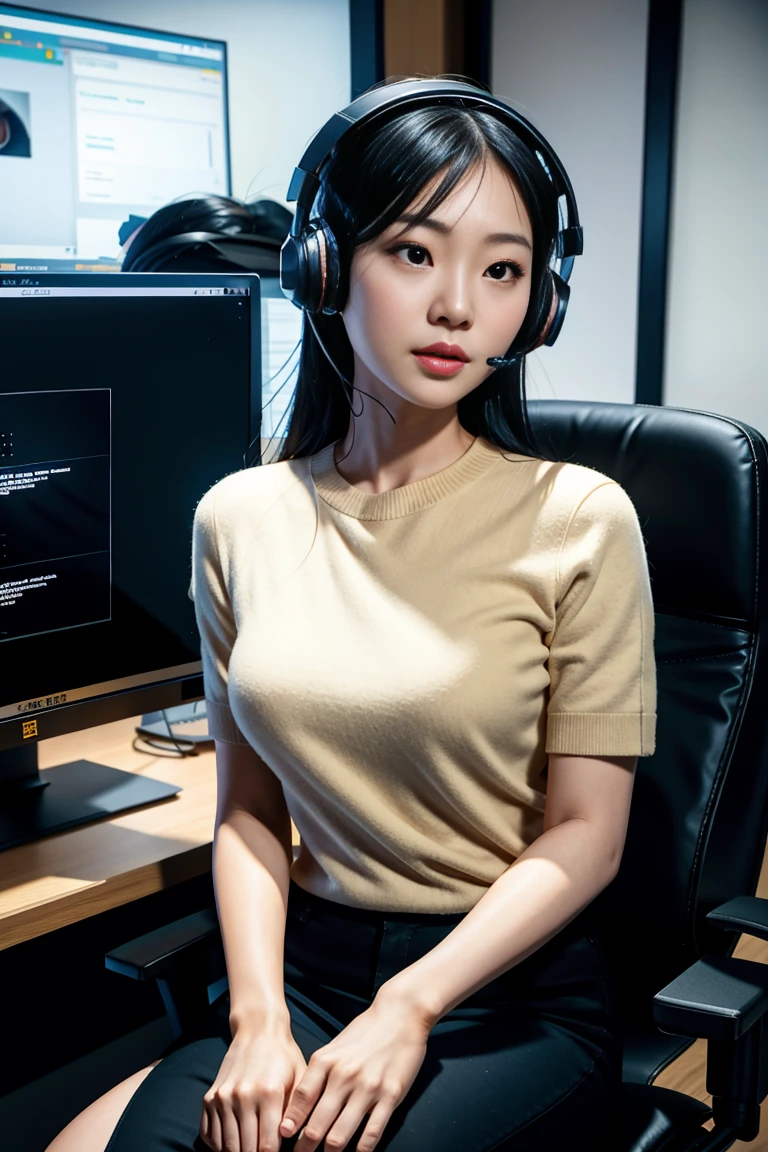 wearing a causal outfit:1.2, Looking at Viewer, wearing a headset, half body view, Cinematic lighting, Perfect, softlight, High resolution skin:1.2, Realistic skin texture, 24 years old Asian woman、a small face、no-makeup, long black hair, sitting at a work cubicle with head set on talking to customers