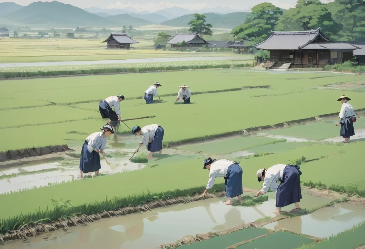 Paddy fieldで働く人々Group painting, Villagers busy farming, by Naomichi Nakamura, By Tomioka Tessai, Feudal Japanを舞台にした, or period, Japanese Farmers, Japanese Harvest, Feudal Japan, By Chizuko Yoshida, by Yokoyama Taikan, Paddy field, japanese scenery in or period