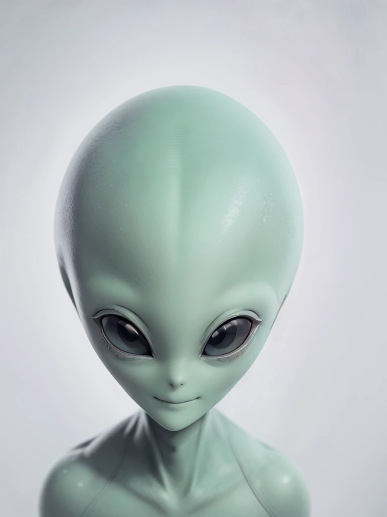(((Masterpiece))), (high quality),(one alien girl:1.2), 15 years old,(innocent smile),5 heads,(Skinhead,Gray aliens,Large, dark, almond-shaped eyes,:1.2),(No hair, no whites, no ears:1.3),Wearing a silver body-fitting suit,Plain background,(from above:1.5)