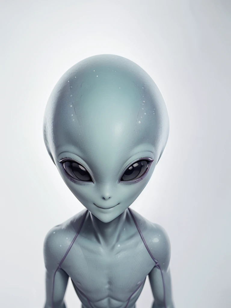 (((Masterpiece))), (high quality),(one alien girl:1.2), ,(innocent smile),5 heads,(Skinhead,Gray aliens,Large, dark, almond-shaped eyes,:1.2),(No hair, no whites, no ears:1.3),Wearing a silver body-fitting suit,Plain background,(from above:1.5)