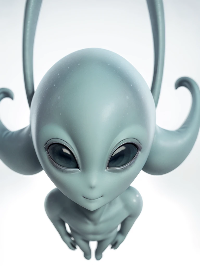 (((Masterpiece))), (high quality),(one alien girl:1.2), 15 years old,(innocent smile),5 heads,(Skinhead,Gray aliens,Large, dark, almond-shaped eyes,:1.2),(No hair, no whites, no ears:1.3),Wearing a silver body-fitting suit,Plain background,(from above:1.5)