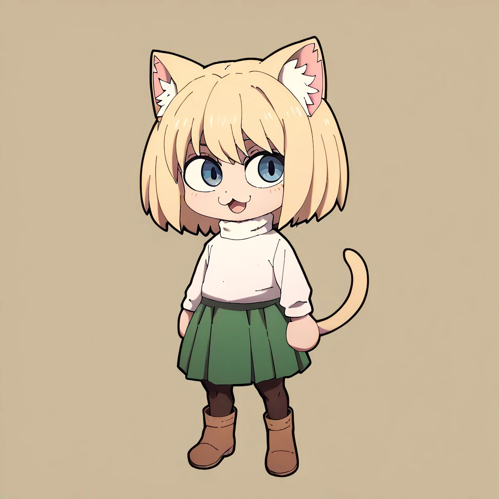 necoarc
blonde hair, cat ears
blue eyes, slit pupils
chibi, :3
turtleneck, green skirt, pleated skirt, pantyhose, brown footwear,shingeki_no_kyojin_s4_style, thicc