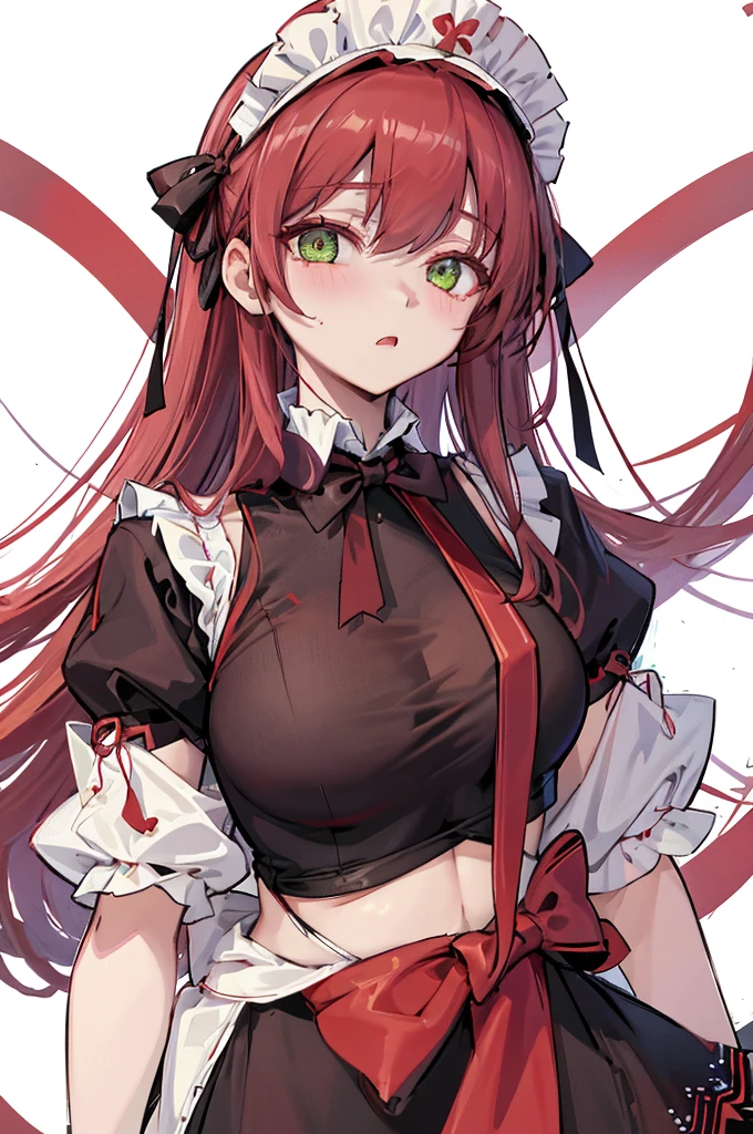 a nude cartoon depiction of a sexy, red haired woman in a maids outfit, 1girl, breasts, solo, green eyes, long hair, looking at viewer, maid headdress, red hair, short sleeves, dress, frills, blush, white background, bow, black dress, simple background, puffy short sleeves, breasts apart, black bow, covered navel, puffy sleeves