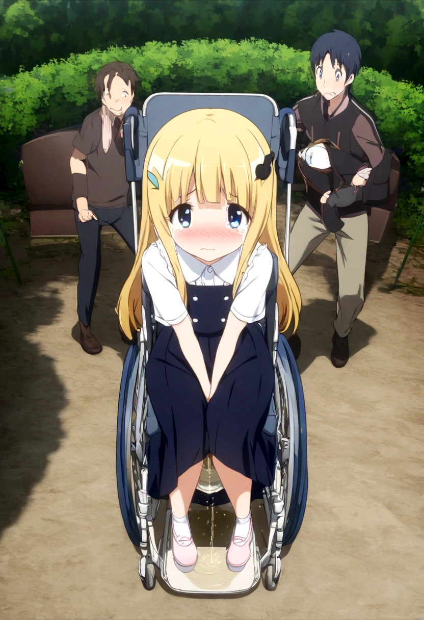 Anime. 1 girl. . . Baby. Princess. Blonde. Long hair. Blue eyes. Beautiful eyes. Perfect eyes. Expressive eyes. Eyes covered with a faded film. Blind eyes. Blind. Ideal face. Ideal anatomical body. Beautiful long legs. Beautiful body. Beautiful nose. . Embarrassment. Blush. Beautiful character design. Shiny skin. Light white dress. Shoes. Hair decorations. Disabled person. Paralytic. Sitting. Wheelchair. Hands on crotch. Urinary incontinence. Wants to pee. She needs to pee. She has a strong, desperate urge to pee. He squeezes his crotch tightly. Rubs copper. Slight lean forward. She peed herself. Fantasy city. A park. Date. At the entrance to a public toilet. He takes off his wet panties. Tears in my eyes. Cry. Snot flows from the nose. Full body. nsfw. Official art. Extremely detailed CG Unity 8k wallpaper. Ideal lighting. Ultra high resolution 4K. Super detailed 8K. A high resolution.