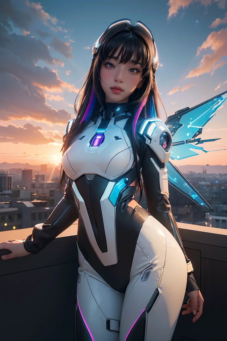 ((masterpiece, best quality, extremely detailed), volumetric lighting, ambient occlusion, colorful, glowing), 
1girl, solo, young girl, (dark hair), long hair, halo, aura, sacred, godness, cyber suit, (random-colored outfit:1.3), android, bot, cybernetic wings,
outdoors, sunset, sky, clouds, space, (cyberpunk theme:1.2),