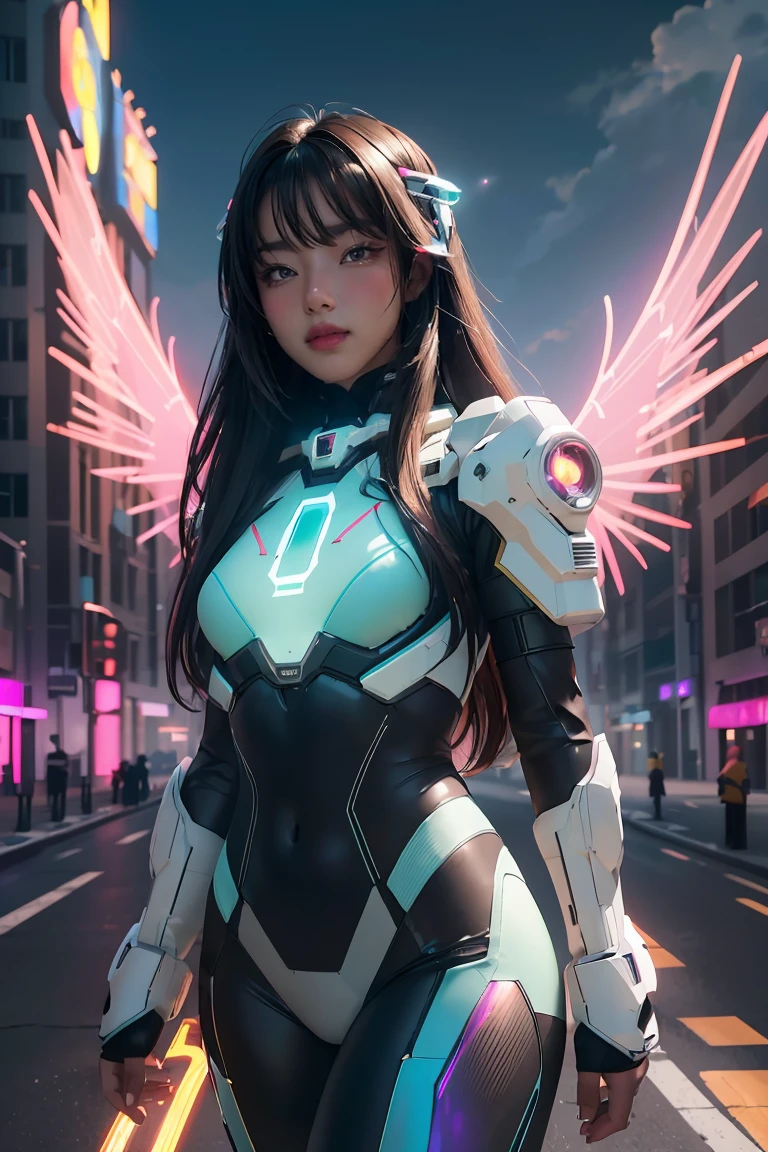 ((masterpiece, best quality, extremely detailed), volumetric lighting, ambient occlusion, colorful, glowing), 
1girl, solo, young girl, (dark hair), long hair, halo, aura, sacred, godness, cyber suit, (random-colored outfit:1.3), android, bot, cybernetic wings,
outdoors, sunset, sky, clouds, space, (cyberpunk theme:1.2),