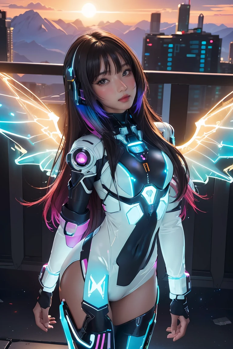 ((masterpiece, best quality, extremely detailed), volumetric lighting, ambient occlusion, colorful, glowing), 
1girl, solo, young girl, (dark hair), long hair, halo, aura, sacred, godness, cyber suit, (random-colored outfit:1.3), android, bot, cybernetic wings,
outdoors, sunset, sky, clouds, space, (cyberpunk theme:1.2),