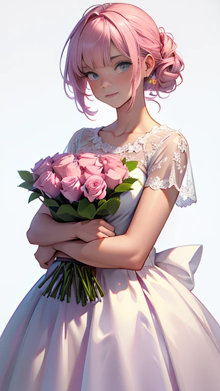 A beautiful kitten holds a bouquet of pink roses white milota on a pink background with sequins