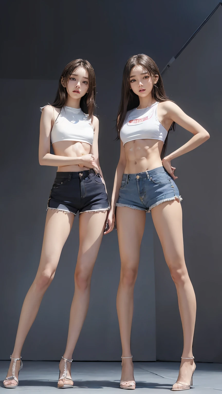 (8K、Raw photo、最high quality、masterpiece:1.5),(((((((Both of them stand with their legs apart:1.9))))))),(((((Both of them have an inseam that is more than half their height.:1.8))))),((Both have bare legs:1.6)),((Both of them are super slim:1.4))，(((((Two girls who look just like WONYOUNG from the k-pop group IVE were photographed:1.9))))),(((They both have super skinny legs:1.6))),(((Both are 173cm tall:1.4))),((Perfect k-pop IVE WONYOUNG style duo:1.4)),(((((Both of them take full body shots:1.8))))),((((Both of you should face your whole body straight ahead.:1.8)))),(((Photographed from below to show the whole body of the legs so that they look longer.:1.7))),Skin irregularities are reproduced in minute detail:1.4, (Super thin waist: 1.2),((超Thin thighs:1.3)), Thin buttocks,Open the navel,１Detailed reproduction of the navel,((Perfect super slim legs:1.3)),(((both of them are the same height:1.3))),(((Both of them have amazingly slim figures.:1.2))),(((Both are wearing micro shorts with a rise of 15cm and an inseam of 1cm.:1.8))),(Both are :1.2),((((Both of them are extremely exposed.:1.7)))),(((((Both of them have super-strong abs:1.9))))),((Both of them were wearing short, form-fitting white sports bras.:1.4)),(((Big boobs but no bra:1.4))),(((Both of them had high, erect nipples clearly visible protruding from under their white sports bras.:1.4))),((((Standing in a fashionable theme park on a sunny day:1.4)))),Highly detailed face and skin texture,(Both of you stand with your legs straight and without bending your knees.:1.3),(((They&#39;re both the same height:1.4))),((Both of them look just like WONYOUNG from the K-pop idol IVE.:1.8)), ((((Sunny afternoon:1.3)))),((cute:1.4)),Both are fair-skinned Asians,,Both of them have beautiful eyes,,Both of them have beautiful eyes,,Both of them have beautiful noses, which are realistically reproduced.,Both of them have realistic eyes.,Both have beautiful mouths,((They both have beautiful fingers)),nail,Both of them have beautiful faces.,Both of their beautiful faces are realistically reproduced.,cute,(Ultra-Realistic Details), Natural Shadows,(Very small hips:1.4),Large firm breasts, Super long thighs,(((超Thin thighs:1.2))),(((Super slim calves))),(Both of them have the slender bodies of well-trained track and field athletes.:1.5),(Super muscular body:1.5),Super toned waist,(Super thin waist:1.3),((White high heels:1.2)),lengthen limbs,(((((Shooting the whole body from calf height:1.6))))),(Both of them have slim, toned ankles.:1.2),((((Wide open abdomen:1.5)))),Hands on hips,Both of them face forward,((Both figures have detailed and clear reproduction of the crotch area.)),((Super long legs:1.3)),Thin thighs,((Both of them have bare legs.:1.6)),((Both of them are showing off their legs in a very extreme way.:1.5),((Both of them are showing off their bellies in an extremely extreme way.:1.4),(Black hair ponytail),(Neither of them wears tights or socks.:1.5),((Both of them stand up straight.)),((Keep your hips facing forward:1.5)),2人とも8頭身スタイルBeauty,The ankles are super thin,The arms are very thin and muscular,Make your arms thinner,(((Clearly reproduces the skin texture of the legs down to the finest detail))),Faithfully reproducing the fingers of the hand,(Both of them have super long legs.),(Accurate reproduction of each finger:1.3),(((Each toe is accurately reproduced:1.2))),The middle of the thighs are very thin,(((Clearly reproduces the muscle texture of ultra-muscular and ultra-thin calf skin))),(((超筋肉質な超Thin thighsの肌の筋肉質感を明確に再現する))),(Very tight waist:1.2),((Both of them have an inseam that is more than half their height.の美脚:1.6)),(Extremely thin thighs:1.3),Beauty,Fine skin,Firm skin,(((Both of them should fit from the top of their heads to the toes of their heels.:1.5))),(((They both have super skinny legsの肌を細部まで忠実に再現する))),(Both of them are super muscular and have super thin legs with realistic skin.:1.3),((Realistically reproduces the fine details of toned, slender leg skin:1.3)),((Dazzling Midsummer)),(((Both of them have super-strong quadriceps:1.6))),(((Both of them have extremely well-trained gastrocnemius and soleus muscles.:1.6))),((2人とも超細くてSuper long legs:1.2)),Front lighting,Super detailed, High detail, high quality, Awards,High resolution,(Anatomically correct:1.5),((((Both of them stand with their legs apart:1.5))))　