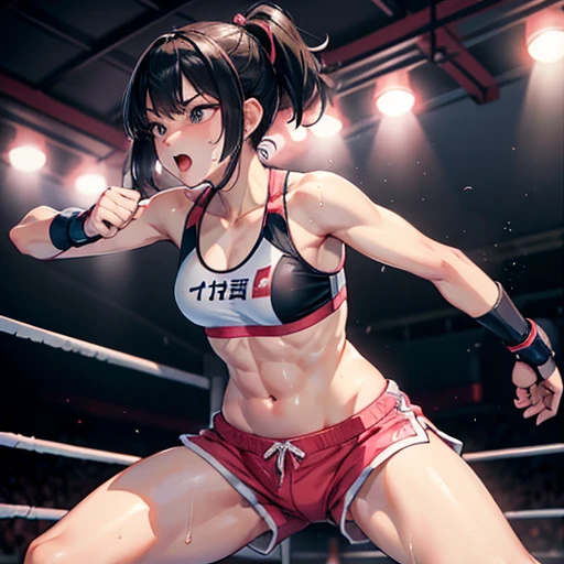 Injured Japanese female high school mixed martial artist during a match in the ring。Short black hair。Taking a fighting pose、Glaring at someone。Rin々A funny expression。Drenched in sweat。A well-trained body。Six Pack Abs。Small breasts。Erect nipples。White and pink sports bra、Bikini Shorts。Open Finger Gloves。