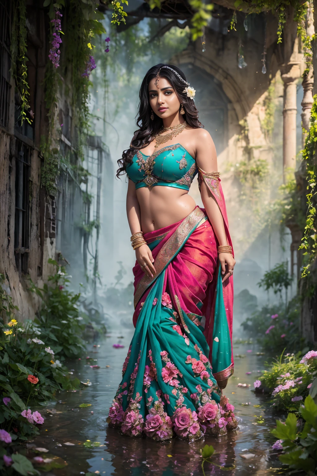 portrait,(NSFW 0.75) boy,woman, ((princess pose)) ,very very big breast, soft nylon sexy saree , orange , pink ,teal,red, yellow colour ,flower design modern light wedding saree,  colorful, flower armor,  good anatomy,  best quality,  (((masterpiece))),  high quality,  realist,  best detailed,  details,  realist skin,  skin detailed,  underboobs,  beautiful  posing under a fairy tale of exotic magic,lehenga choli, girl immersed in water , soaked saree, meadows background , bokeh effect , chubby , nipple slip , put milk in breast,off shoulder, strapless blouse, different saree wearing style,(multi chain jewellery blouse),(wearing jewellery on blouse)(buttocks and looking back)