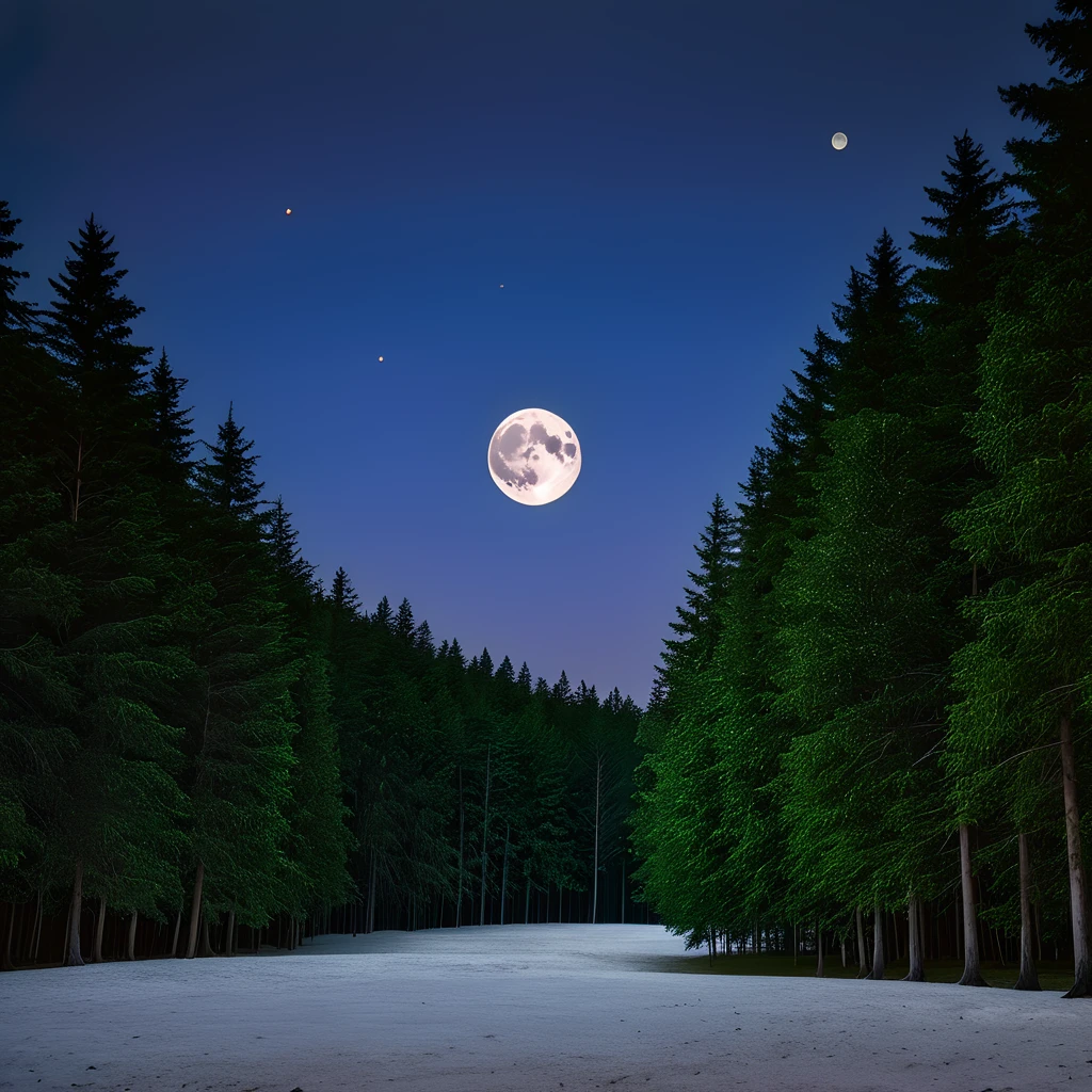 Strawberry Moon, large display in upper half, dark forest in lower half, star-filled sky