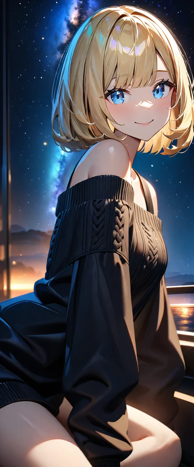 ((leaning forward)), (((focus on face))), ((extreme close up face)), (((a beautiful starry sky, the Milky Way shining beautifully in the night))), ((Aran sweater)), ((((from side)))), ((sitting on the very high cliff)), wavy hair, inward curled hair, sea, ((blond hair, bob cut:1.3)), breasts, ager, (looking at viewer), oversized clothes, puffy long sleeves, ((off-shoulder sweater:1.3, Quite thick shoulder straps)), ((black sweater)), collarbone, head tilt:1.3, (((blue eyes))), happy smile, (((anime style))), (best quality, 4K, 8K, highres, masterpiece:1.2, ultra-detailed, ultra-detailed eyes, HDR, uhd, studio lighting, ultra-fine painting, sharp focus, physically-based rendering, extreme detail description, professional, vivid colors, bokeh)