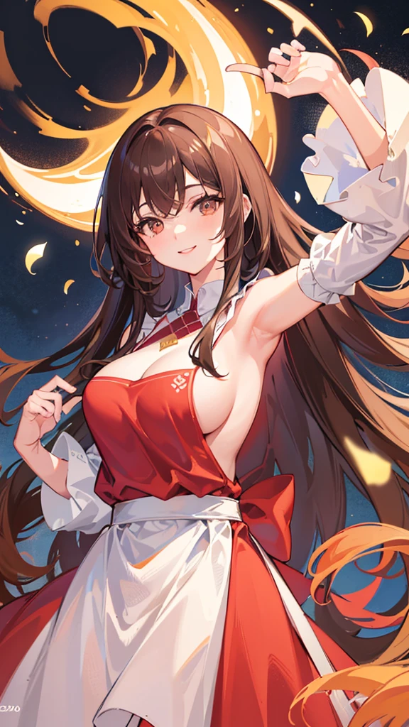 Highest quality, shape, Very detailed, In detail, High resolution, 8k wallpaper, Perfect dynamic composition, Beautiful details, Center of chest, Natural color lip, Random sexy poses,smile,20-year-old girl,Huge , A woman with long, straight brown hair wearing a white dress and a red apron