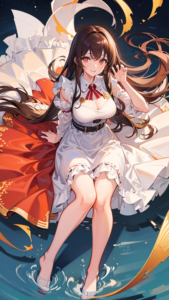Highest quality, shape, Very detailed, In detail, High resolution, 8k wallpaper, Perfect dynamic composition, Beautiful details, Center of chest, Natural color lip, Random sexy poses,smile,20-year-old girl,Huge , A woman with long, straight brown hair wearing a white dress and a red apron