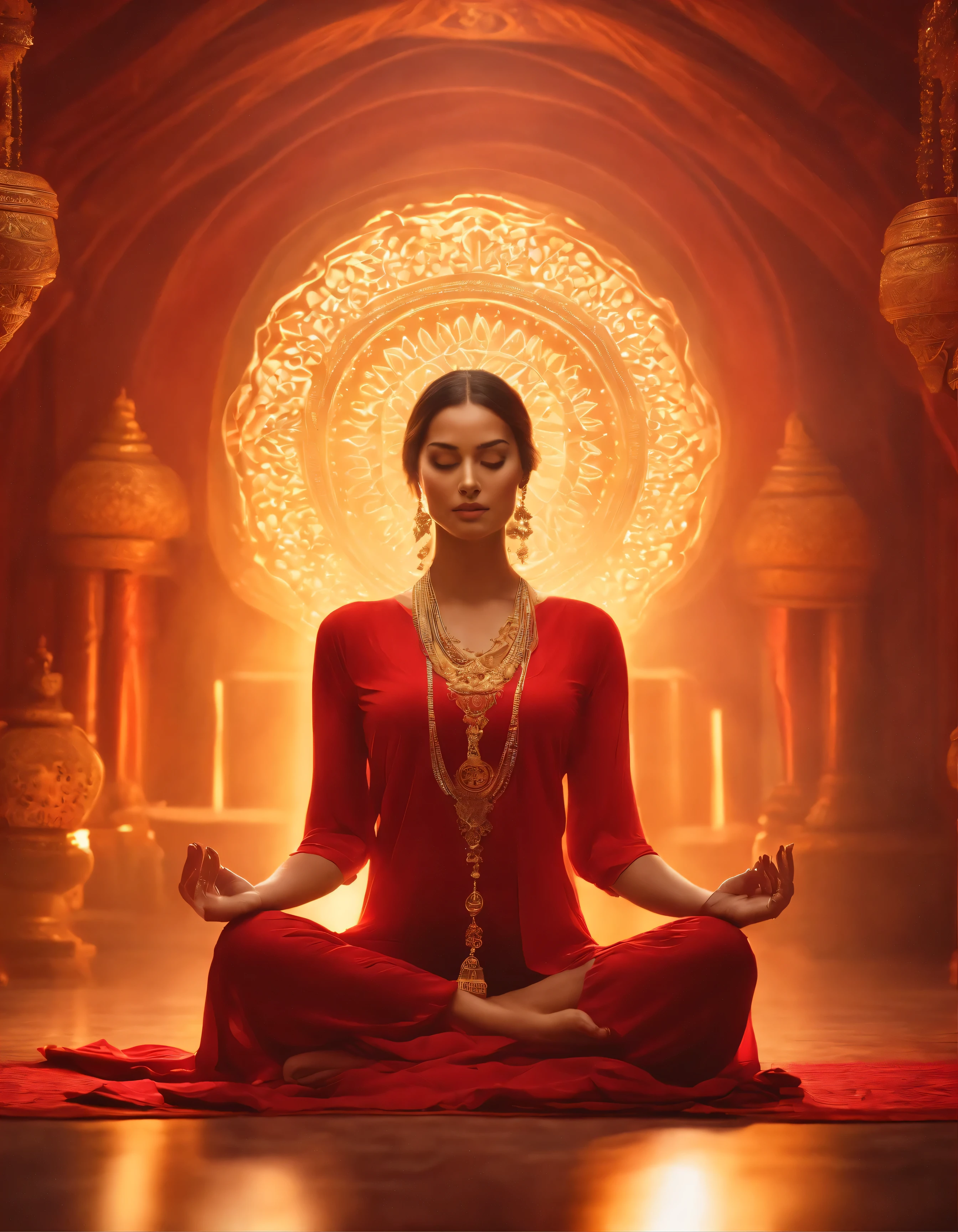 A woman meditates in front of a halo, red and gold style, Atjem, Ultra-high-definition images, gongbi, Harmonious Vision, Mysterious mechanics, Queen Core