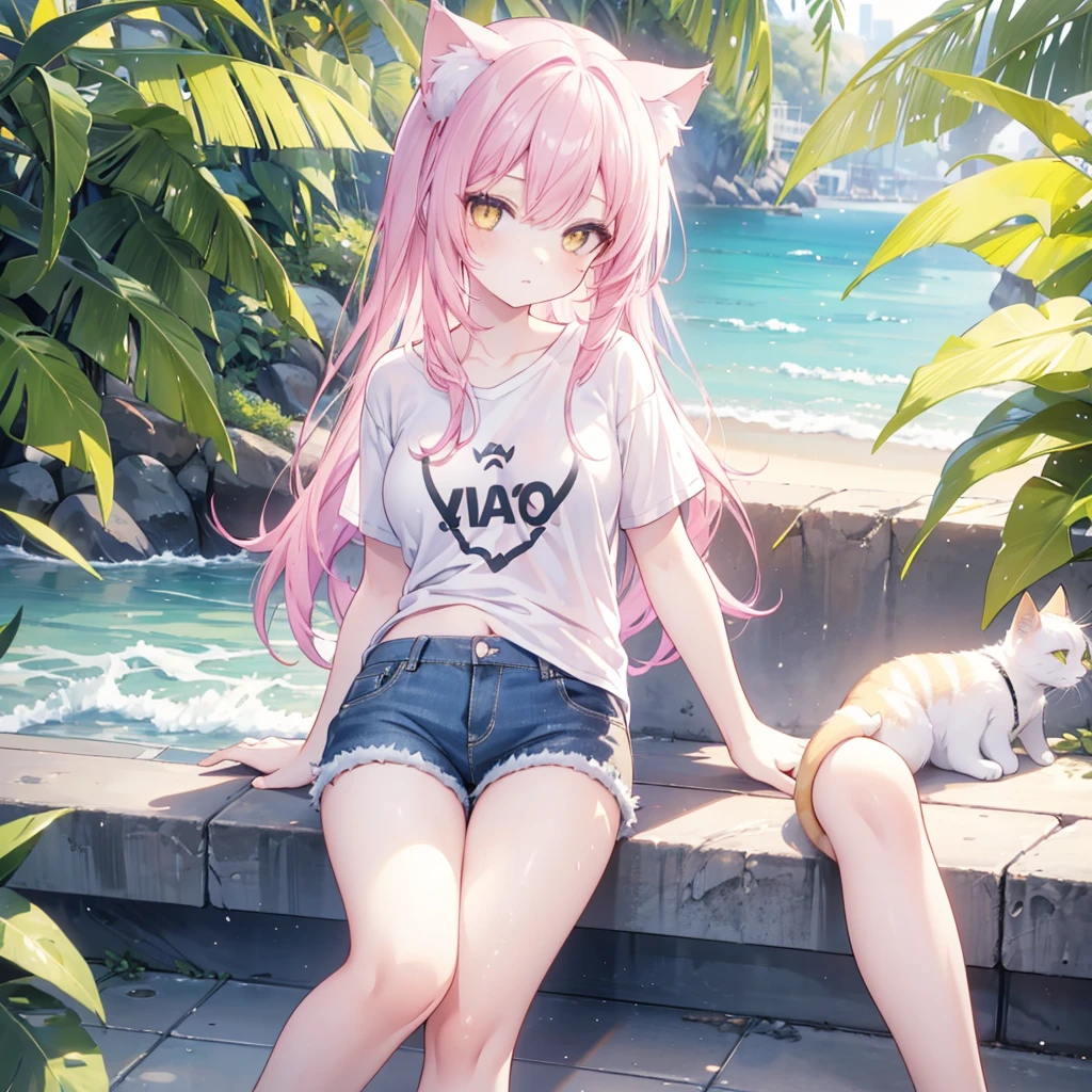 1girl, pink hair, yellow eyes, with cat ears, cat tail, wearing a plain white T-shirt, denim shorts, all wet, at beach, golden sunlight, 8k, looking at viewer