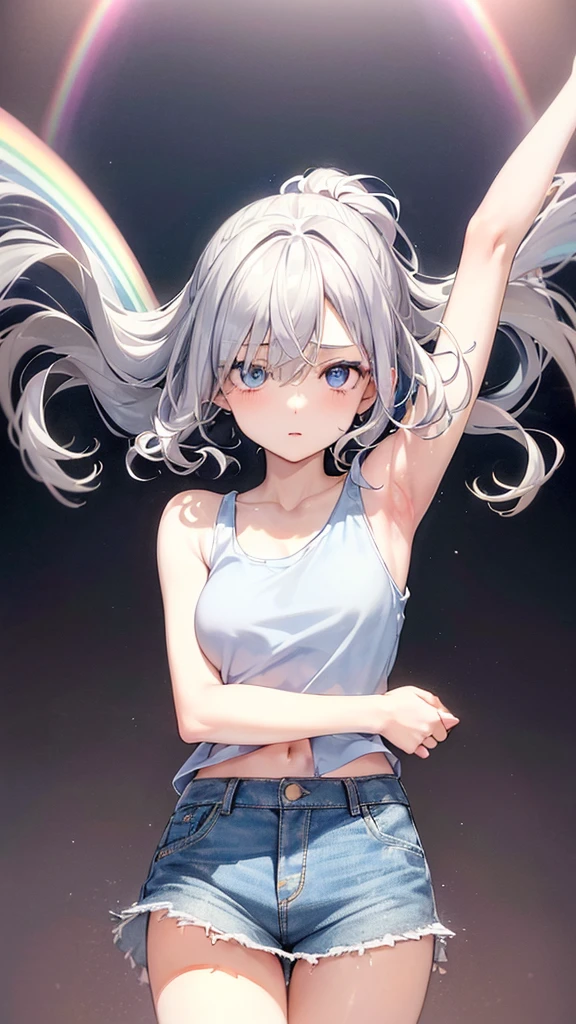 best quality,absurdres,
ecstatic expression, overjoyed,,(watercolor,tegaki:1.4),(soft pastel colors:1.3),(platinum hair:1.3),folded ponytail,( blue eyes:1.1),hair over one eye,BREAK,,(rainbow pastel white color palette:1.3),(pastel rainbow tank top:1.4),(denim skirt:1.3),(music score:1.1),(spread one's arms:1.3)、(waltercolor:1.3)、kawaii、rough toutch、Detailed expression、(Teenage Girls、Beautiful eyes、Blue Eyes、Gray Hair、Curly Hair、slender、Small breasts、 legs、Inner thighs、Beautiful Skin、Perfect fingertips、8 heads、look away、during、Lolicon)